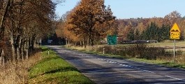 Zdjęcie przedstawia jesienną drogę w tle widać zieloną tablicę miejscowości