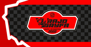 Zdjęcie przedstawia napis i logo imprezy Rajd Gryfa. Na plakacie widnieją czarne litery na czerwonym tle.