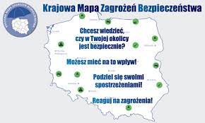 Zdjęcie przedstawia Logo Krajowej Mapy Zagrożeń Bezpieczeństwa tj. mapy Polski, a na niej naniesione zagrożenia. Rycina jest w kolorze niebieskim na białym tle