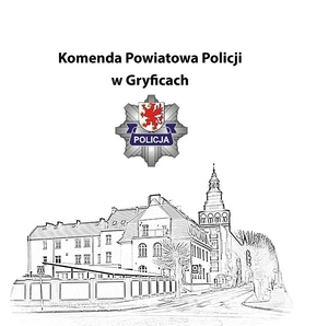 Zdjęcie przedstawia rycinę Komendy Powiatowej Policji w Gryficach na białym tle. Na górze widnieje czarny napis Komenda Powiatowa Policji w Gryficach a pod napisem widać gwiazdę policyjną.