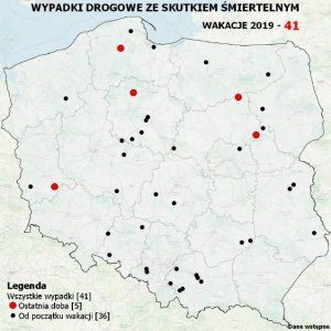 Zdjęcie zawiera mapę polski na której oznaczone są wypadki drogowe