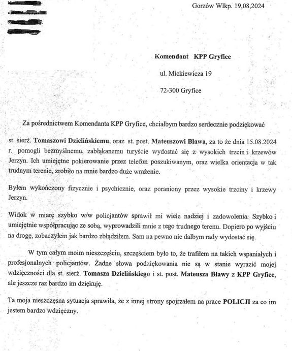 Zdjęcie przedstawia skan listu z podziękowaniami dla Policjantów z Trzebiatowa od uratowanego 70-latka.