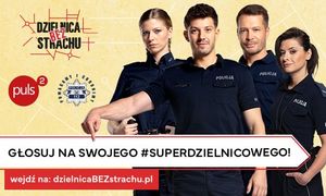 Plakat przedstawia umundurowanych policjantów na żółtym tle po spodem widać napis promujący konkurs pn.  #SuperDzielnicowy 2025!