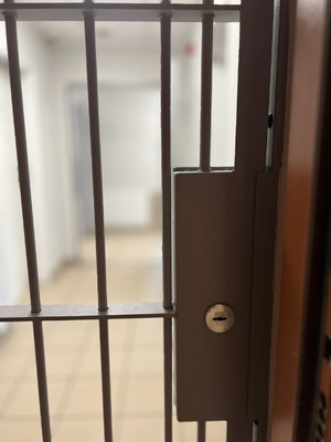 Zdjęcie przedstawia kratę wejściową do pomieszczenia dla osób zatrzymanych i doprowadzonych do jednostki w celu wytrzeźwienia. Jest to zdjęcie poglądowe.