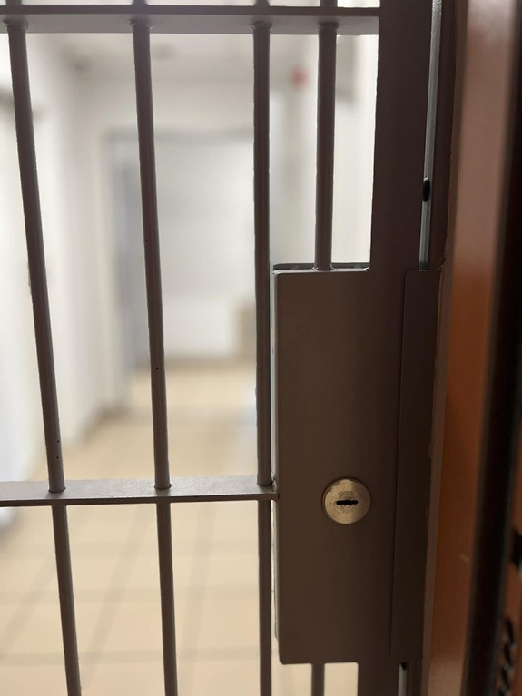 Zdjęcie przedstawia kratę wejściową do pomieszczenia dla osób zatrzymanych i doprowadzonych do jednostki w celu wytrzeźwienia. Jest to zdjęcie poglądowe.