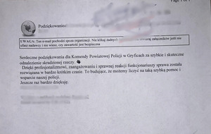 Zdjęcie przedstawia treść podziękowań od pokrzywdzonego za szybką interwencję, ustalenie sprawcy oraz odzyskanie skradzionego  przedmiotu.