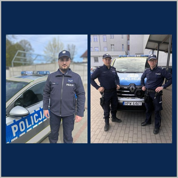 Zdjęcie przedstawia umundurowanych policjantów stojących przy radiowozach oznakowanych.